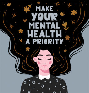 Make your mental health a priority. Vector lettering. Girl with long hair with text. Hand drawn long hair beautiful girl. Modern vector illustration. Template for cards, greetings, flyer, banner.